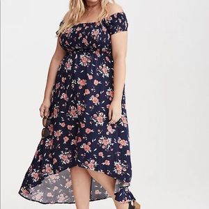 Torrid size two off-shoulder navy floral hi-lo dress